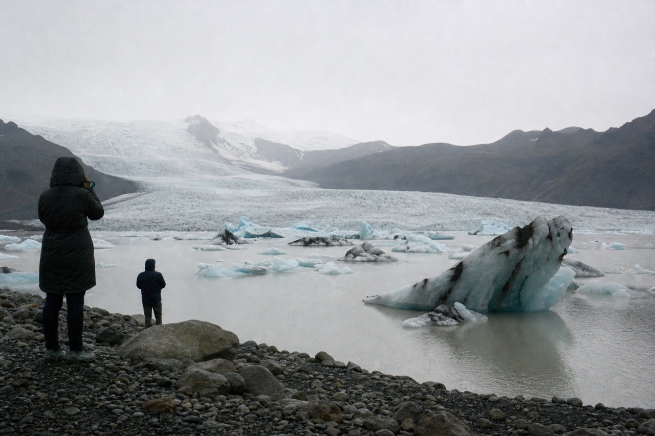 Icebergs floating in a grey glacial lagoon with a glacier tongue in the background