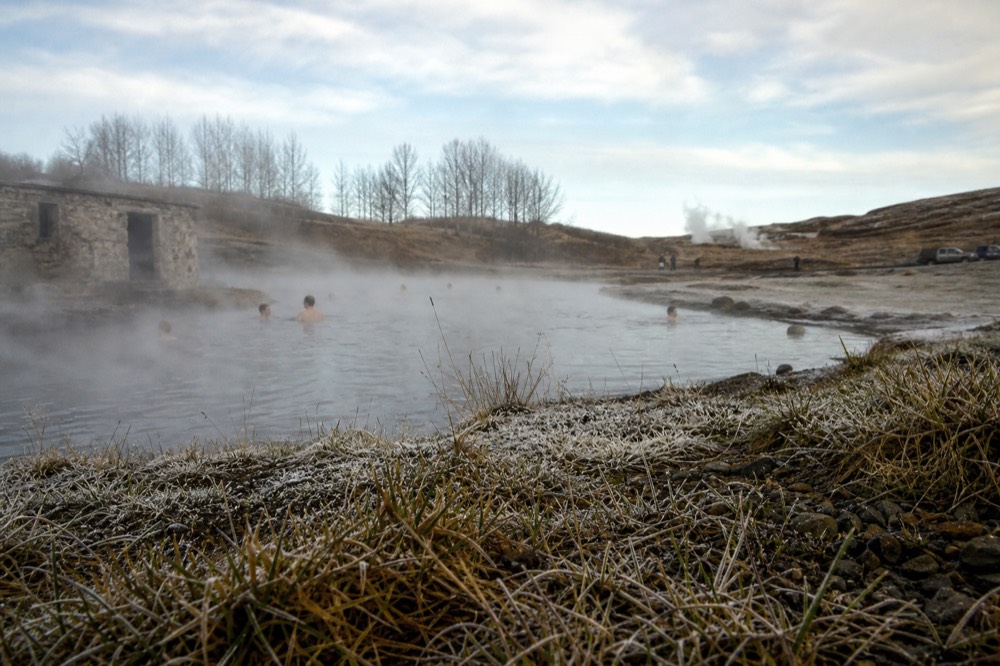 Warm steam rising off a natural pool into cold air above a grassy geothermal field