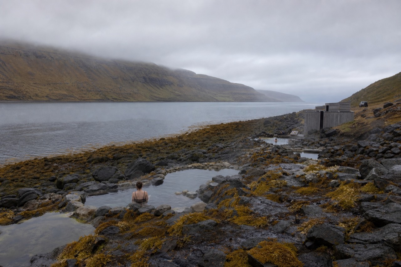 Steam rising from geothermal pools on a dark shoreline with a fjord and mountains behind