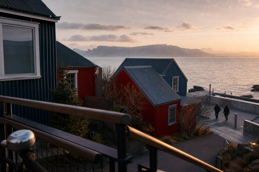Colourful corrugated-iron buildings and a distant mountain ridge above a small northern capital