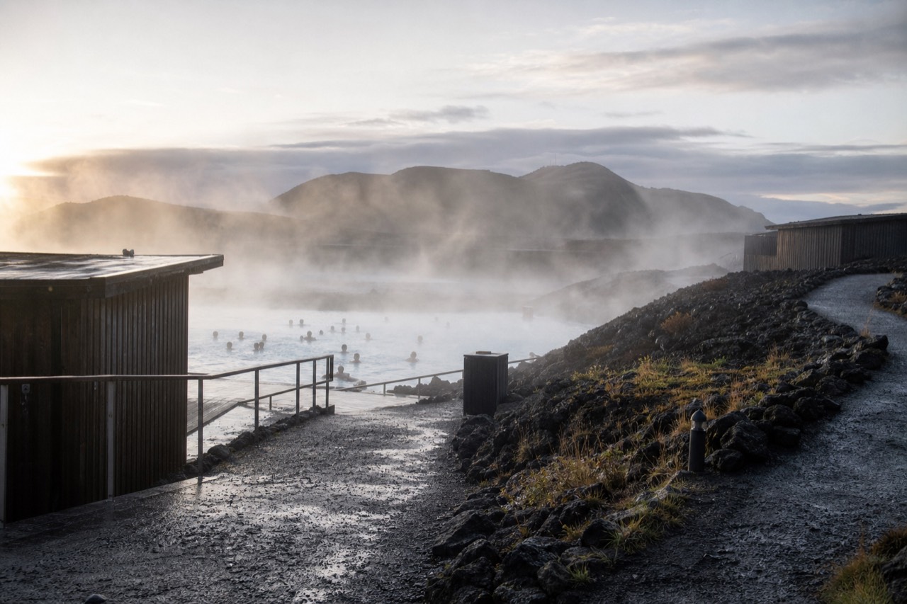 Steam rising from a geothermal lagoon beside a lake in North Iceland