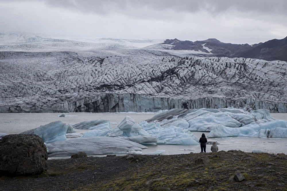 Blue-white icebergs packed near a cracked glacier front under an overcast sky