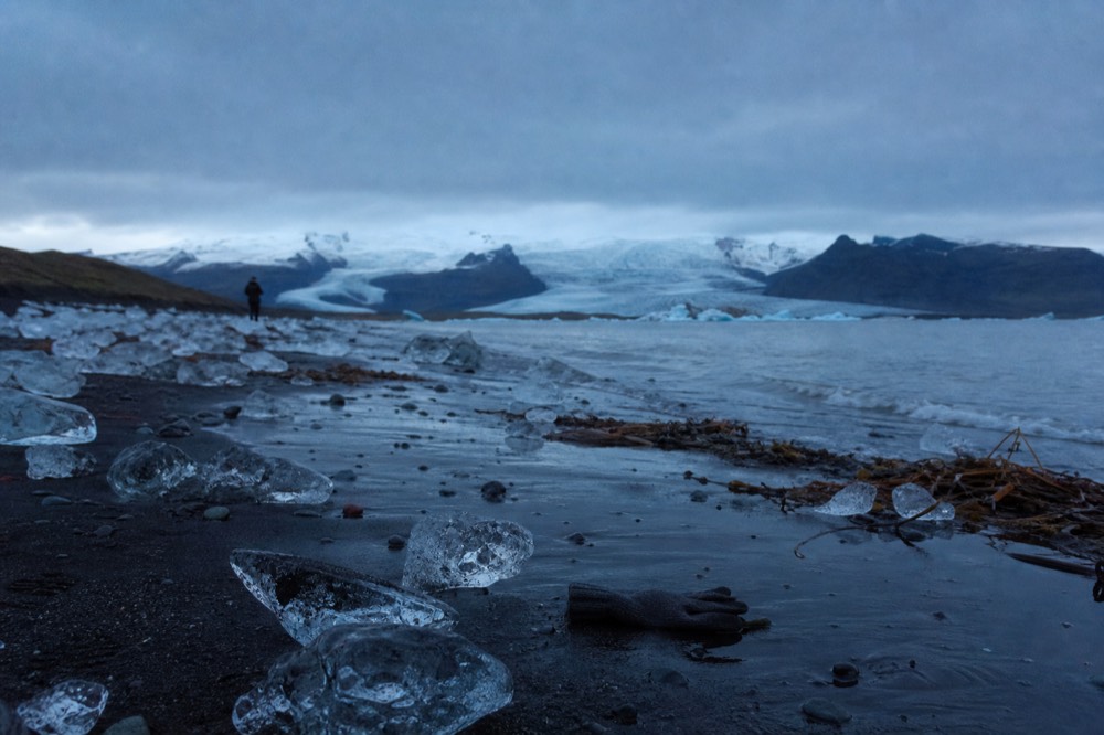 Chunks of clear glacial ice scattered on wet black sand at dusk