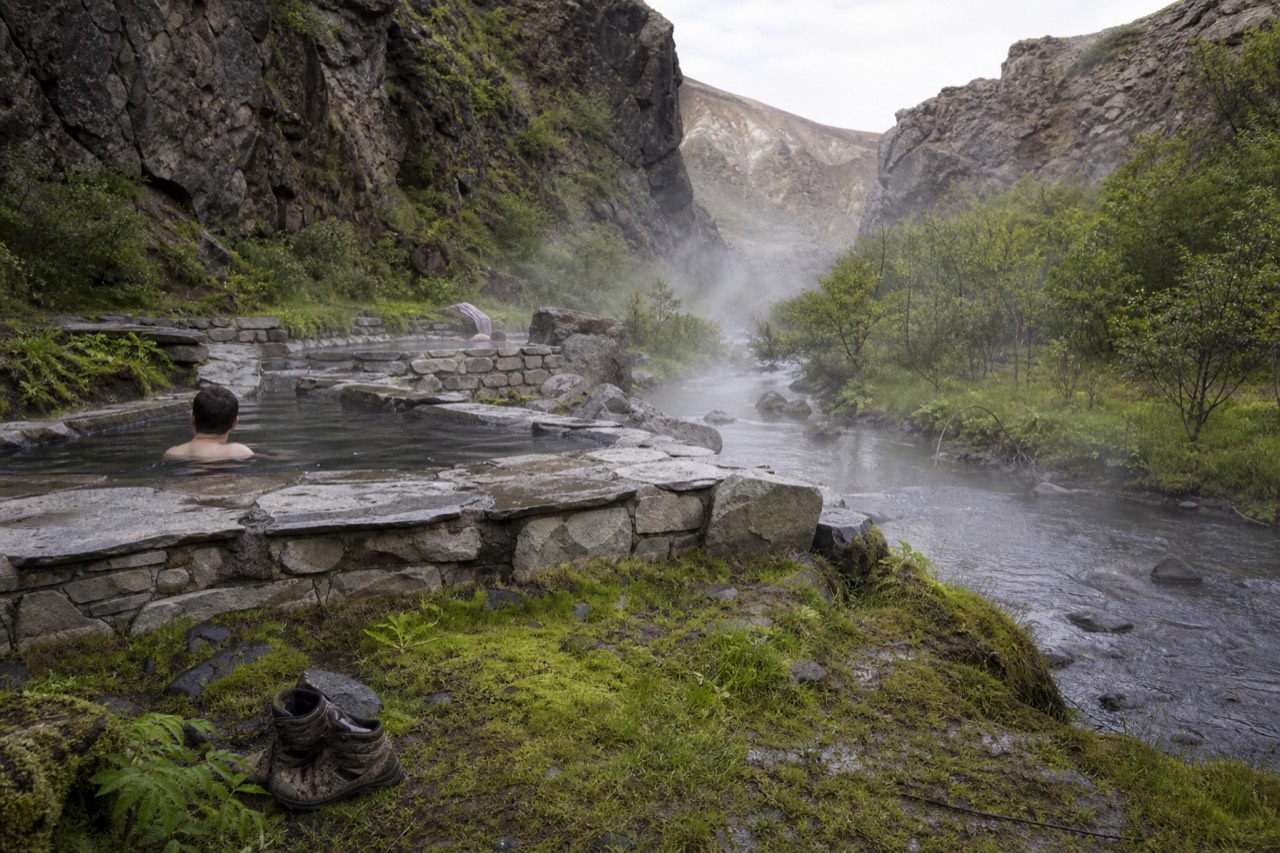Steaming geothermal pools beside a gravel river plain below rhyolite mountains