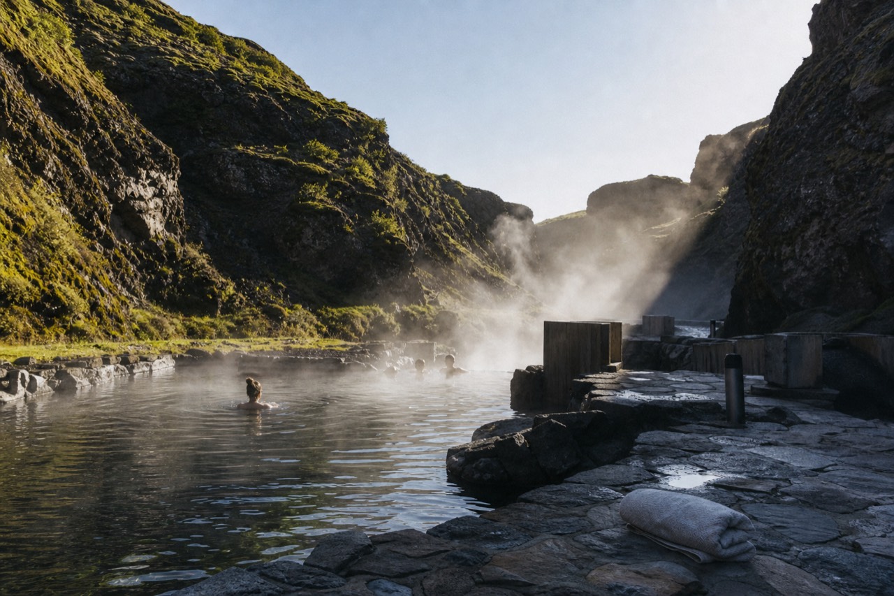 Steaming geothermal pools built among dark rocks at the base of a narrow canyon in West Iceland