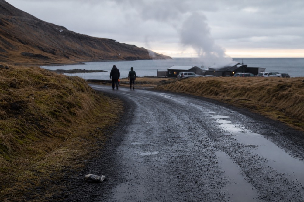 A gravel road leading toward geothermal steam beside a fjord shoreline