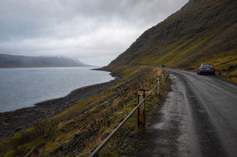 A coastal road curving along a fjord with mountains in the distance