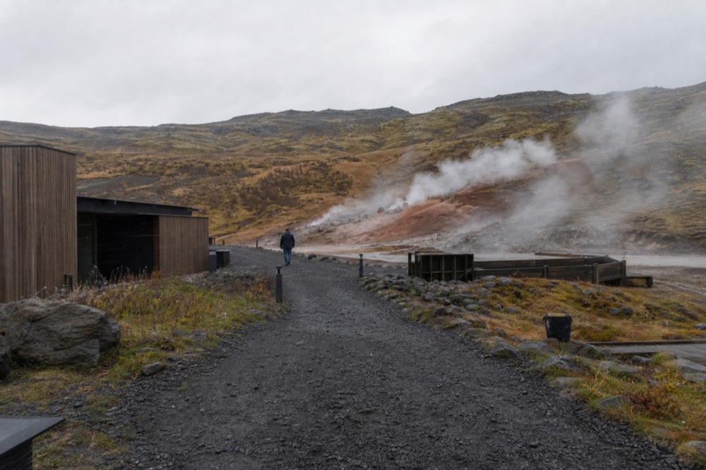 Steam rising from a geothermal area with a gravel path leading toward it