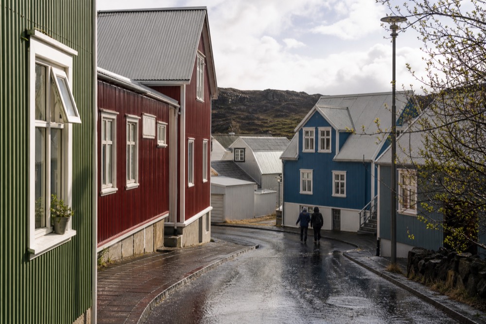 Colourful corrugated-iron houses on a quiet street in central Reykjavik