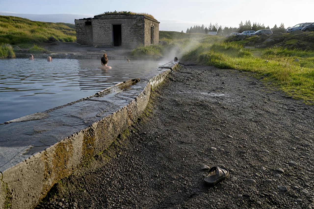 Steam rising from a geothermal pool beside a gravel road in rural Iceland